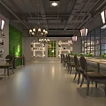 Modern Café Interior Design With Chandeliers Green Living Wall Large Windows And Wooden Tables