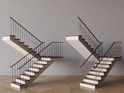 Modern Luxury Double Staircases with Black Railings White Steps and Wooden Floor 3d model