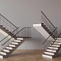 Modern Luxury Double Staircases with Black Railings White Steps and Wooden Floor