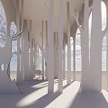 Woman Standing In Passageway With White Tree like Pillars And Deer Sculpture Under Sunset Sky