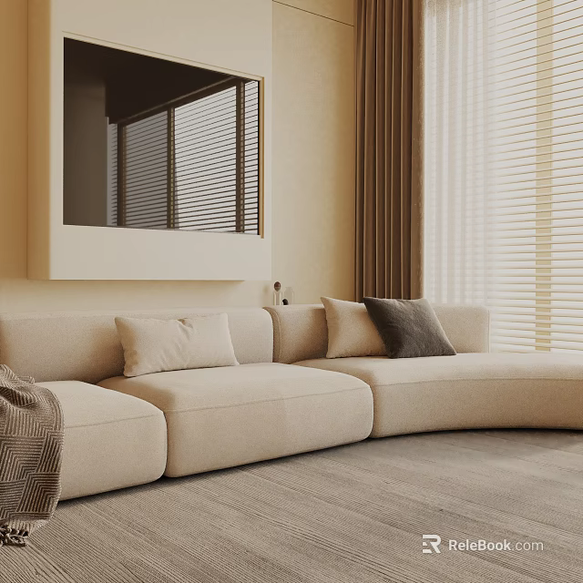 Beige Fabric Three Seater Sofa With Light And Dark Cushions Near Curtains And Mirror 3d model 