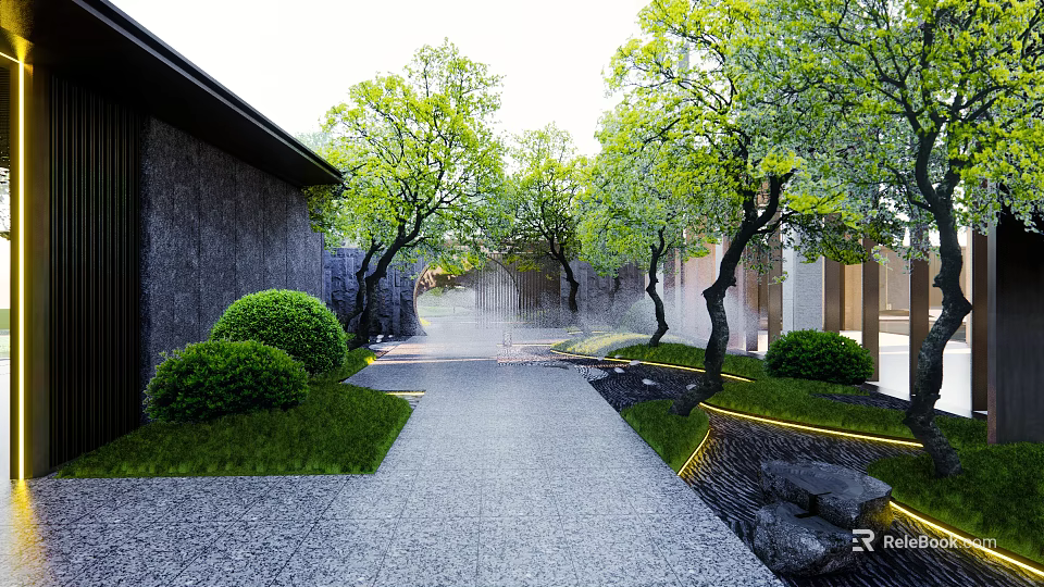 Garden Landscape Design With Stone Pathway Leafy Trees Water Stream And Green Bushes 3d model 