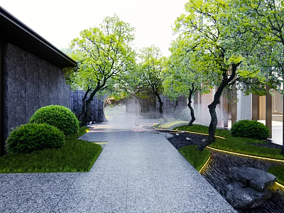 Garden Landscape Design With Stone Pathway Leafy Trees Water Stream And Green Bushes 3d model