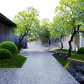 Garden Landscape Design With Stone Pathway Leafy Trees Water Stream And Green Bushes