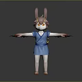 Adorable Rabbit Character in Blue Striped Dress with Orange Eyes and Arms Outstretched
