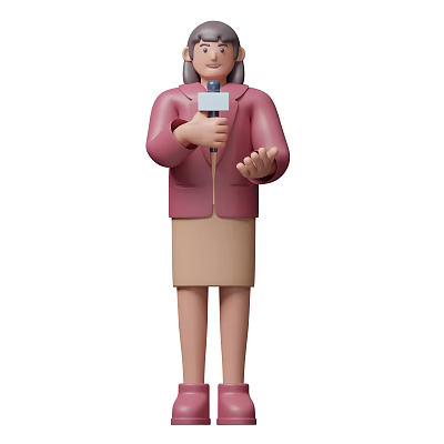 Woman in red coat and beige skirt holding microphone gesturing while speaking professionally 3d model
