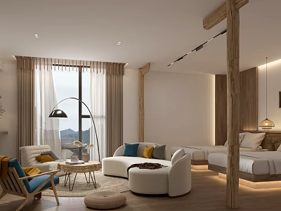 Hotel Room Interior With Wooden Pillars Natural Light Sofa Bed And Curtains 3d model