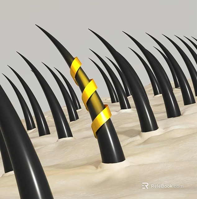 Black Spikes With Yellow Striped Band On Textured Beige Surface 3d model 