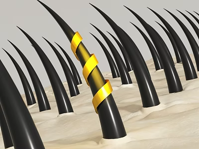 Black Spikes With Yellow Striped Band On Textured Beige Surface 3d model