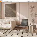 Modern Black Lounge Chair in Living Room with White Sofa Painting Plant and Checkered Rug