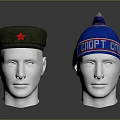 Green Military Hat With Red Star And Blue Knit Cap With SPOPT GOR Text