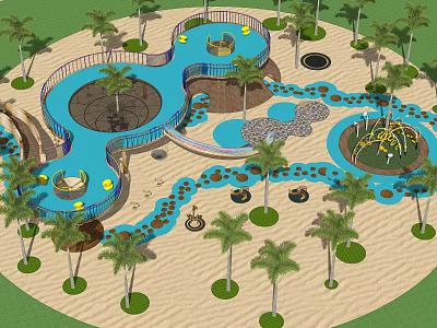 Garden Playground Features With Palm Trees Blue Water Channels And Sand Area 3d model