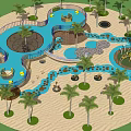 Garden Playground Features With Palm Trees Blue Water Channels And Sand Area