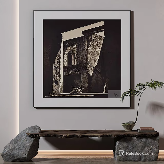 Black and White Abstract Painting Wall Art With Wooden Table And Green Plant 3d model 