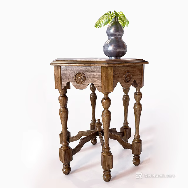 Classic Wooden Coffee Table with Carved Details Topped with Silver Vase and Green Plant 3d model 