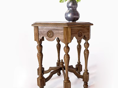 Classic Wooden Coffee Table with Carved Details Topped with Silver Vase and Green Plant 3d model