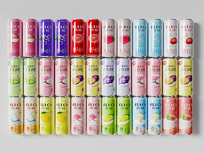 Colorful RIO Beverage Cans with Various Fruit Flavors Arranged in Rows 3d model
