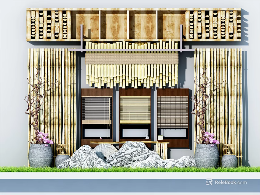 Bamboo Screens And Decorative Structure In Garden Relaxation Space With Flower Pots And Lawn 3d model 