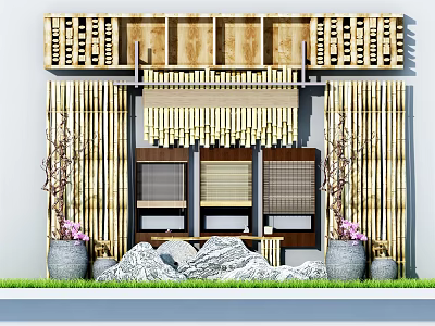 Bamboo Screens And Decorative Structure In Garden Relaxation Space With Flower Pots And Lawn 3d model
