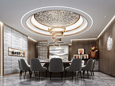 Luxury Private Dining Room Interior With Crystal Chandelier Round Table And Gray Chairs 3d model