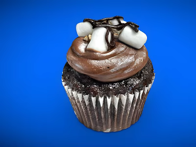 Delicious Chocolate Cupcake With Chocolate Frosting Marshmallows And Decorations On Blue Background 3d model