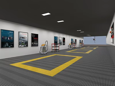 4S Car Service Center With Yellow Parking Lines Car Posters And Equipment 3d model