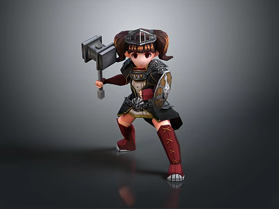 3D Model Young Girl In Metallic Armor Holding Large Hammer With Pigtails And Red Boots 3d model