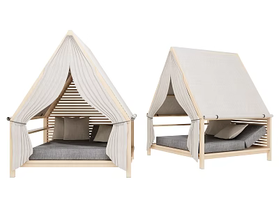 Indoor Wooden Frame Tent Bed With Canvas Canopy And Gray Mattress Pillow 3d model