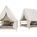 Indoor Wooden Frame Tent Bed With Canvas Canopy And Gray Mattress Pillow