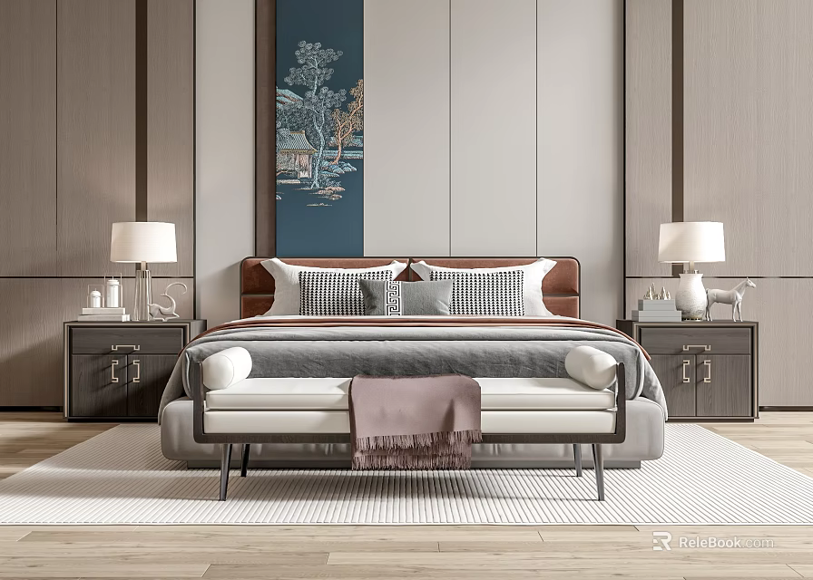 Modern Double Bed in Minimalist Bedroom with Nightstands Table Lamps and Decorative Painting 3d model 