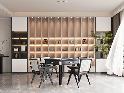 Elegant Hotel Mahjong Room Interior With Mahjong Table Chairs Decorative Shelves And Green Plants 3d model