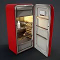 Vintage Red Refrigerator With Classic Design Metal Handle And Surface Scratches