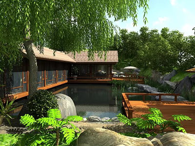 Serene Wooden House Surrounded by Lush Trees and Pond with Natural Rocks and Green Plants 3d model