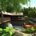 Serene Wooden House Surrounded by Lush Trees and Pond with Natural Rocks and Green Plants
