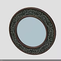 Round Decorative Mirror with Intricate White Floral Pattern on Brown Wooden Frame