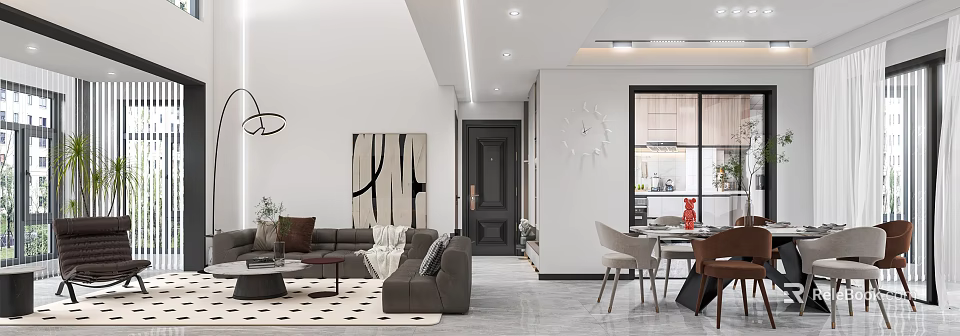 Modern Duplex Living Room Interior With Sofa Art And Dining Area 3d model