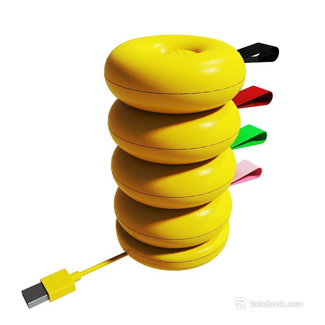 Stacked Yellow Donut Shaped Objects With Colorful Tabs And Yellow Strap 3d model 
