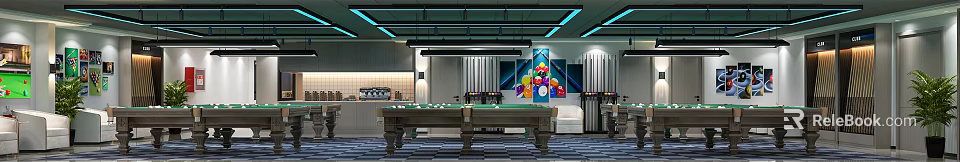 Modern Billiard Room Interior Design With Green Felt Table Ceiling Lights And Colorful Ball Art 3d model 