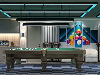 Modern Billiard Room Interior Design With Green Felt Table Ceiling Lights And Colorful Ball Art 3d model