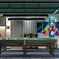 Modern Billiard Room Interior Design With Green Felt Table Ceiling Lights And Colorful Ball Art