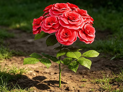 Beautiful Red Roses with Green Leaves Growing in Natural Soil and Grass 3d model