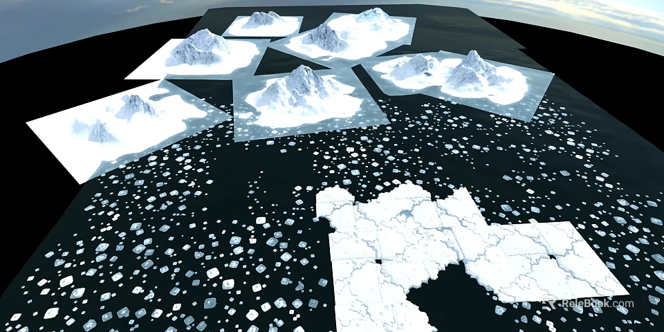 Natural Garden Landscape Featuring Glaciers Icebergs And Floating Ice Against Black Background 3d model 