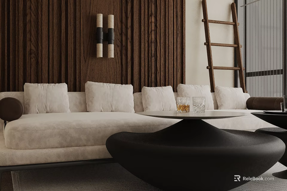 Cream Three Seater Sofa With White Cushions Wooden Wall Black Round Coffee Table And Glass 3d model 