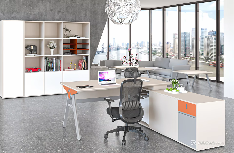 Ergonomic Office Chair In Modern Workspace With Desk And City View Through Large Windows 3d model 