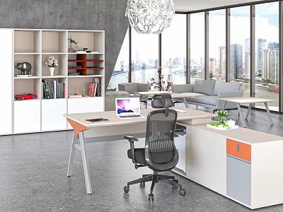 Ergonomic Office Chair In Modern Workspace With Desk And City View Through Large Windows 3d model