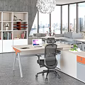Ergonomic Office Chair In Modern Workspace With Desk And City View Through Large Windows