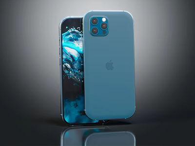 Apple Mobile Phones With Blue Back Triple Camera And Front Wave Pattern Screen 3d model