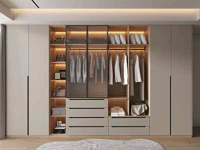 Modern Walk in Closet Interior Design With Glass Doors Hanging Clothes Storage Drawers And Shoe Shelves 3d model