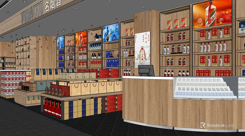 Well Stocked Tobacco And Alcohol Store Interior With Shelves And Checkout Counter 3d model 