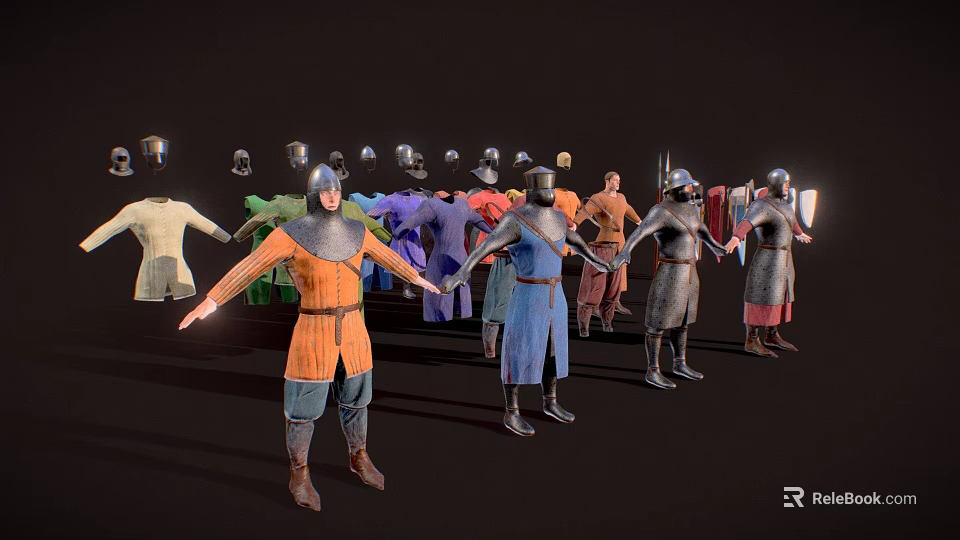 Medieval Game and Movie Characters with Various Colored Armors and Different Costume Styles 3d model 